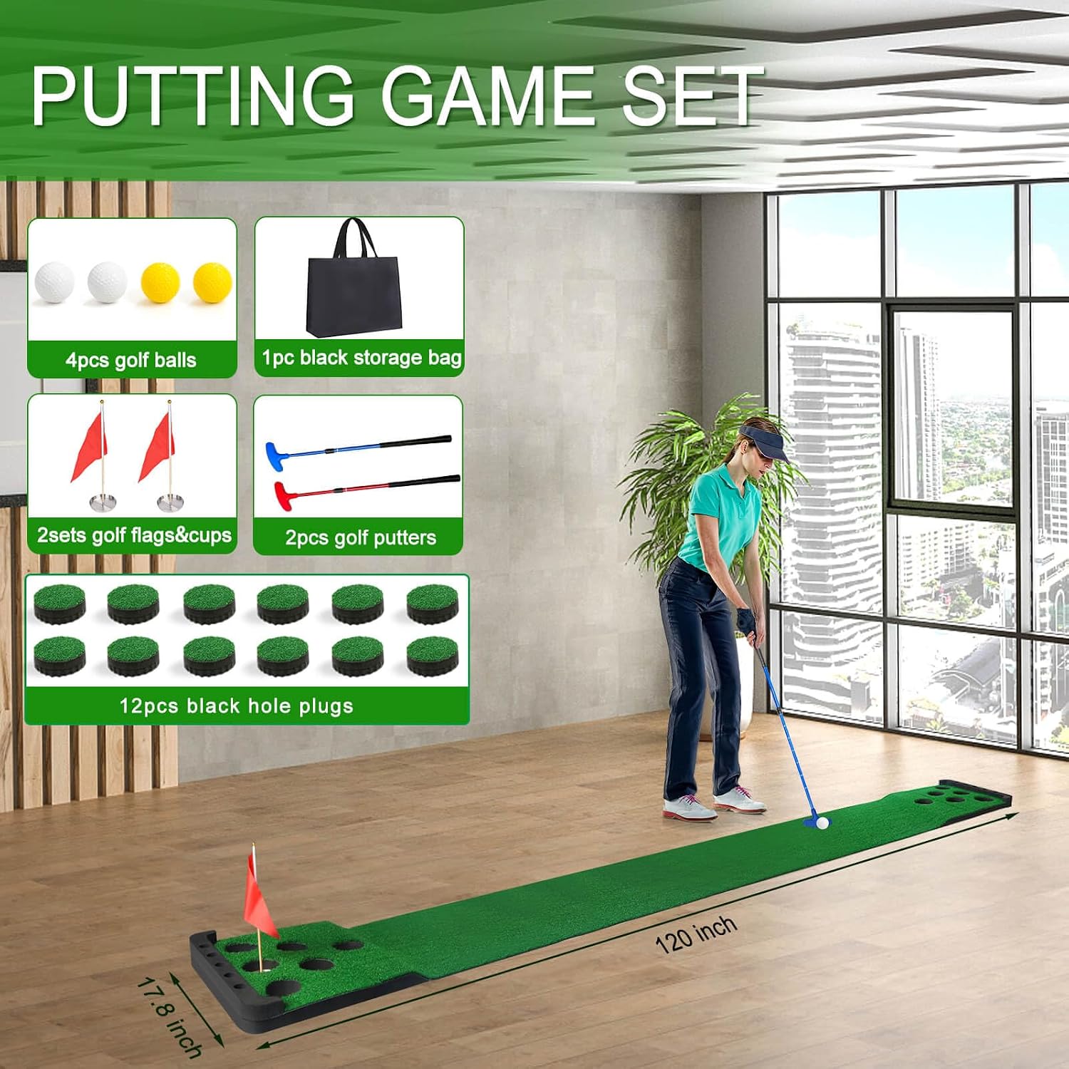 Golf Putting Game Set,Indoor Putting Green Mat with Front Border | Golf Putting Mat Include 4 Golf Balls,1 Portable