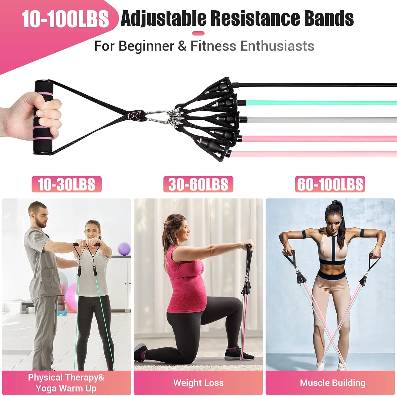 Resistance Bands with Handles for Women, 5 Level Exercise Bands | Workout Bands for Physical Therapy, Yoga, Pilates