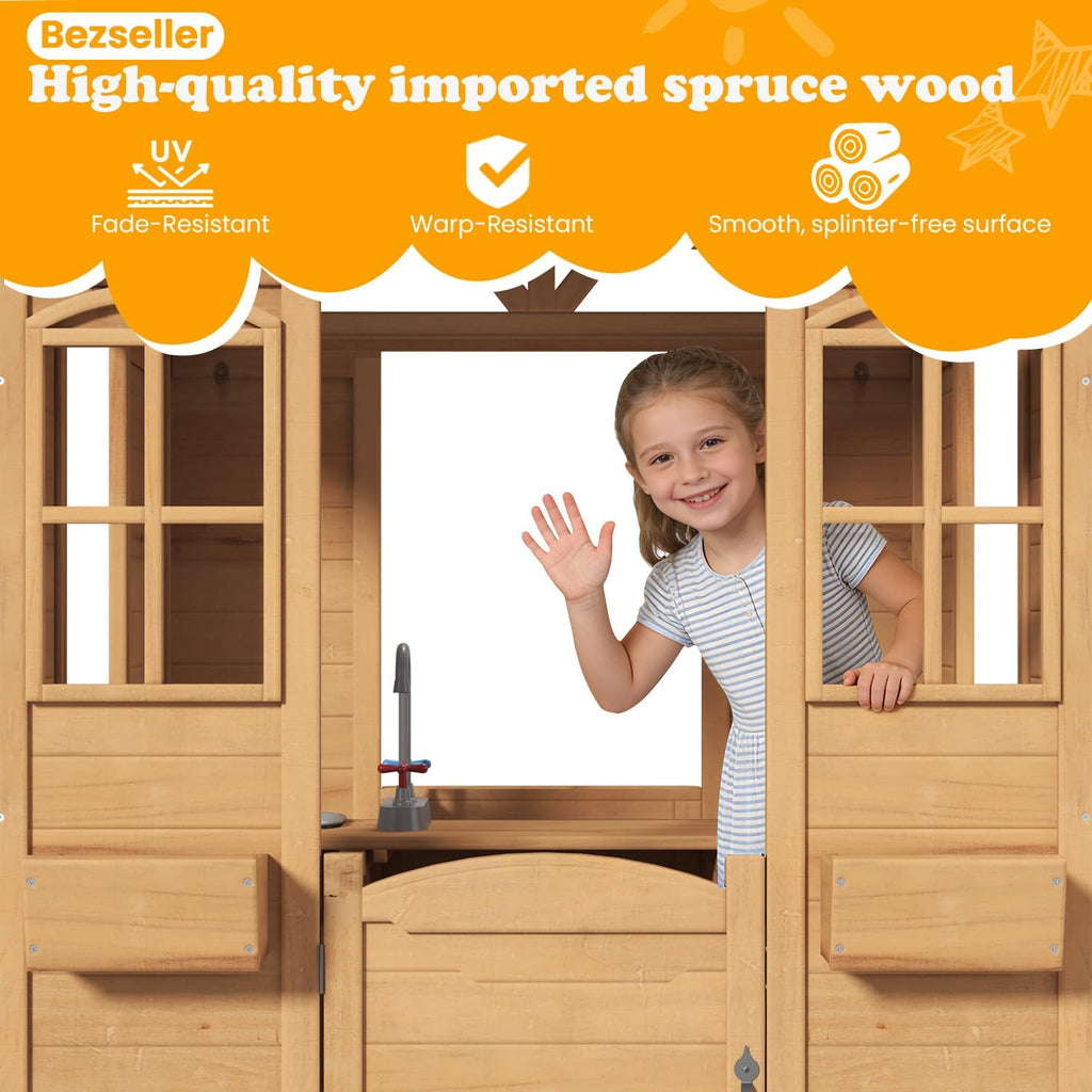 All Spruce Outdoor Kids Playhouse, Toddler Wooden Playhouse for Kids Ages 3-8, with Sink, Stove, Flower Pot Holders