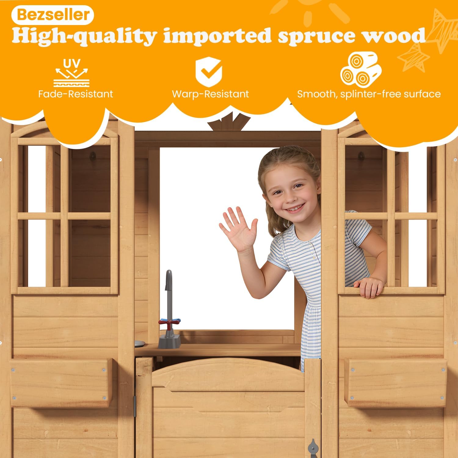 All Spruce Outdoor Kids Playhouse, Toddler Wooden Playhouse for Kids Ages 3-8, with Sink, Stove, Flower Pot Holders