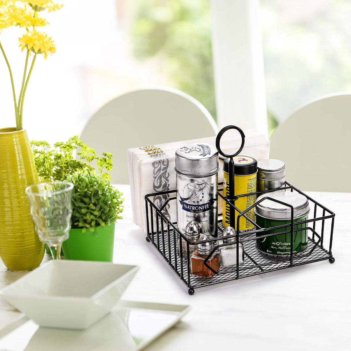 Metal Napkin Holder with Salt and Pepper Shakers, 2-in-1 Condiment Holder for Table, 4 Compartment Restaurant Wrought