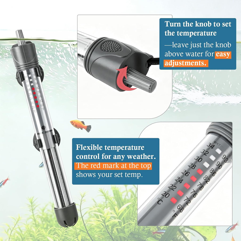 100W Adjustable Aquarium Heater, Submersible Fish Tank Heater Thermostat with Suction Cups for 12-30Gal