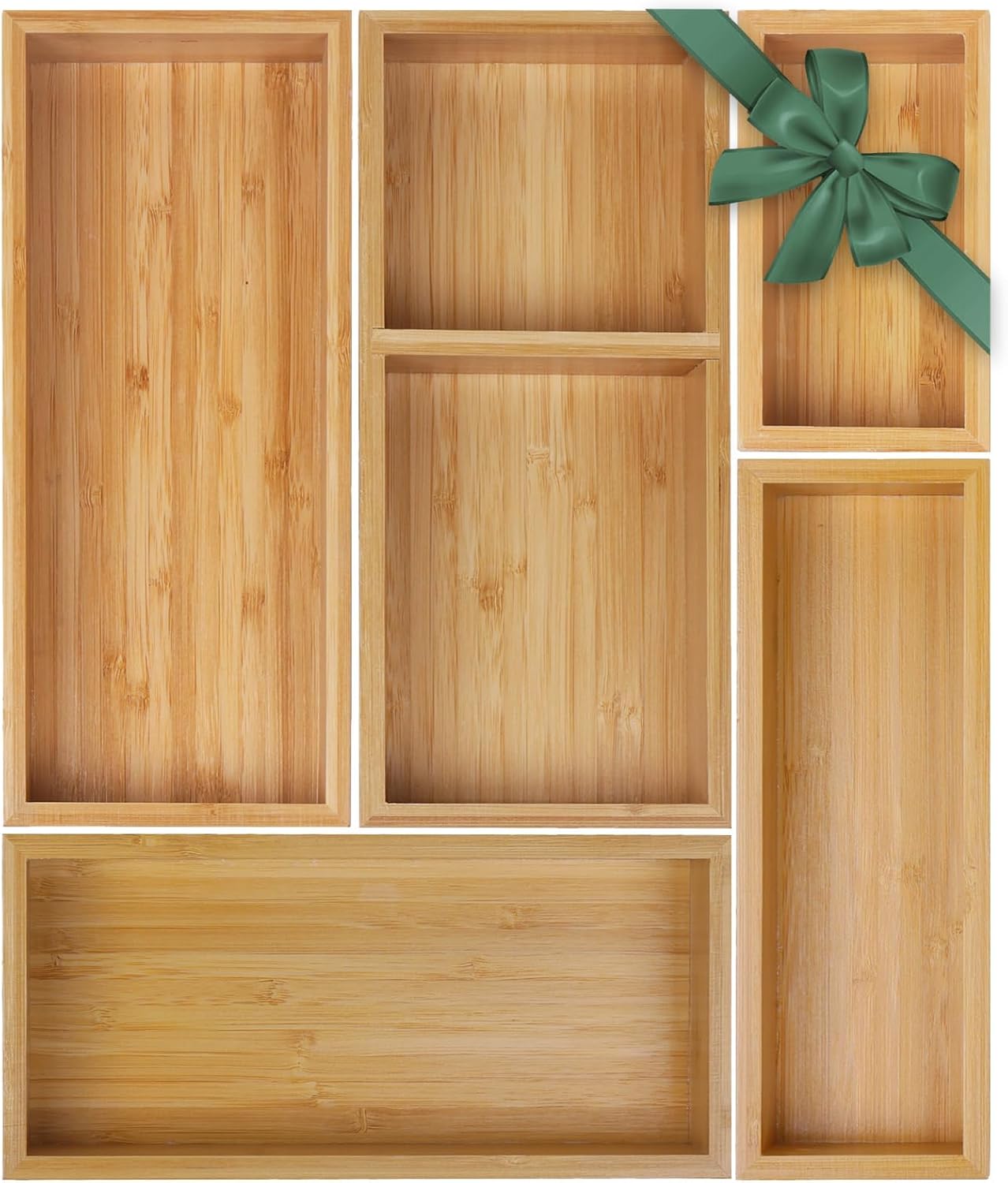 Bamboo Drawer Organizer Set, 5 PCS Multi-Use Individual Wood Storage Organizers, Junk Drawer Divider and Storage