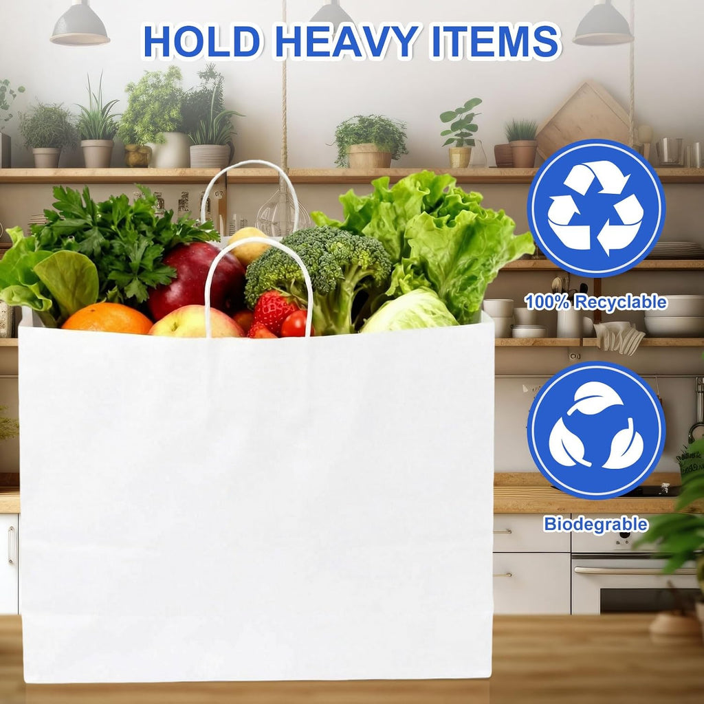 12 Pack 20 x 16 x 5 Inch Extra Large White Paper Bags with Handles