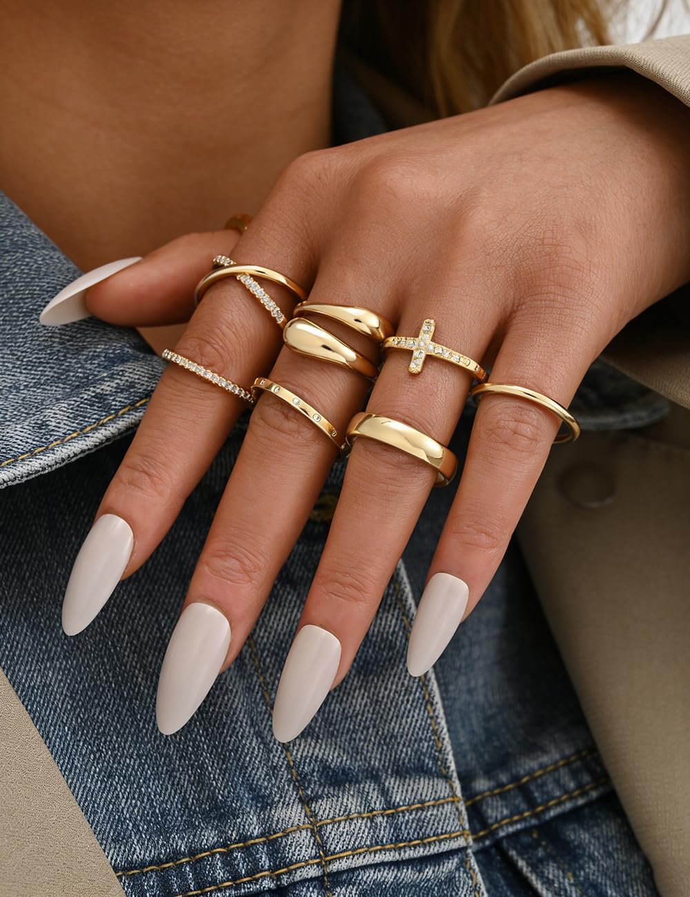 Non Tarnish Chunky Gold Rings for Women, 14K Gold Plated Dainty Stackable Cross Cubic Zirconia Ring Set, Knuckle