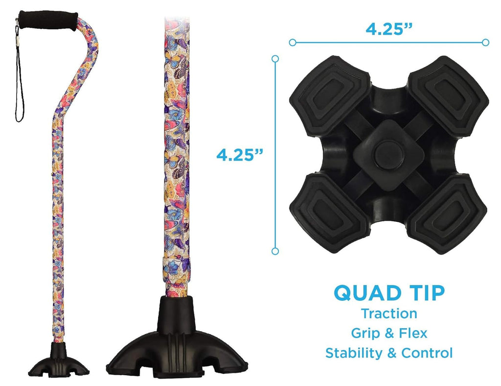 Joy Designer Offset Quad Cane for Seniors - Unisex Adjustable Lightweight Walking Aid with Foam Handle, Wrist Strap