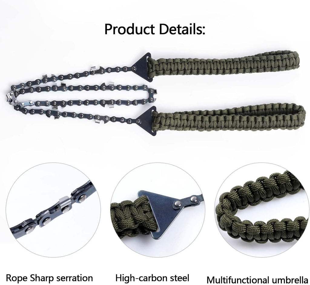 Pocket Chainsaw with Paracord Handle, Folding Chain Hand Saw, Emergency Outdoor Survival Gear for Camping, Hunting