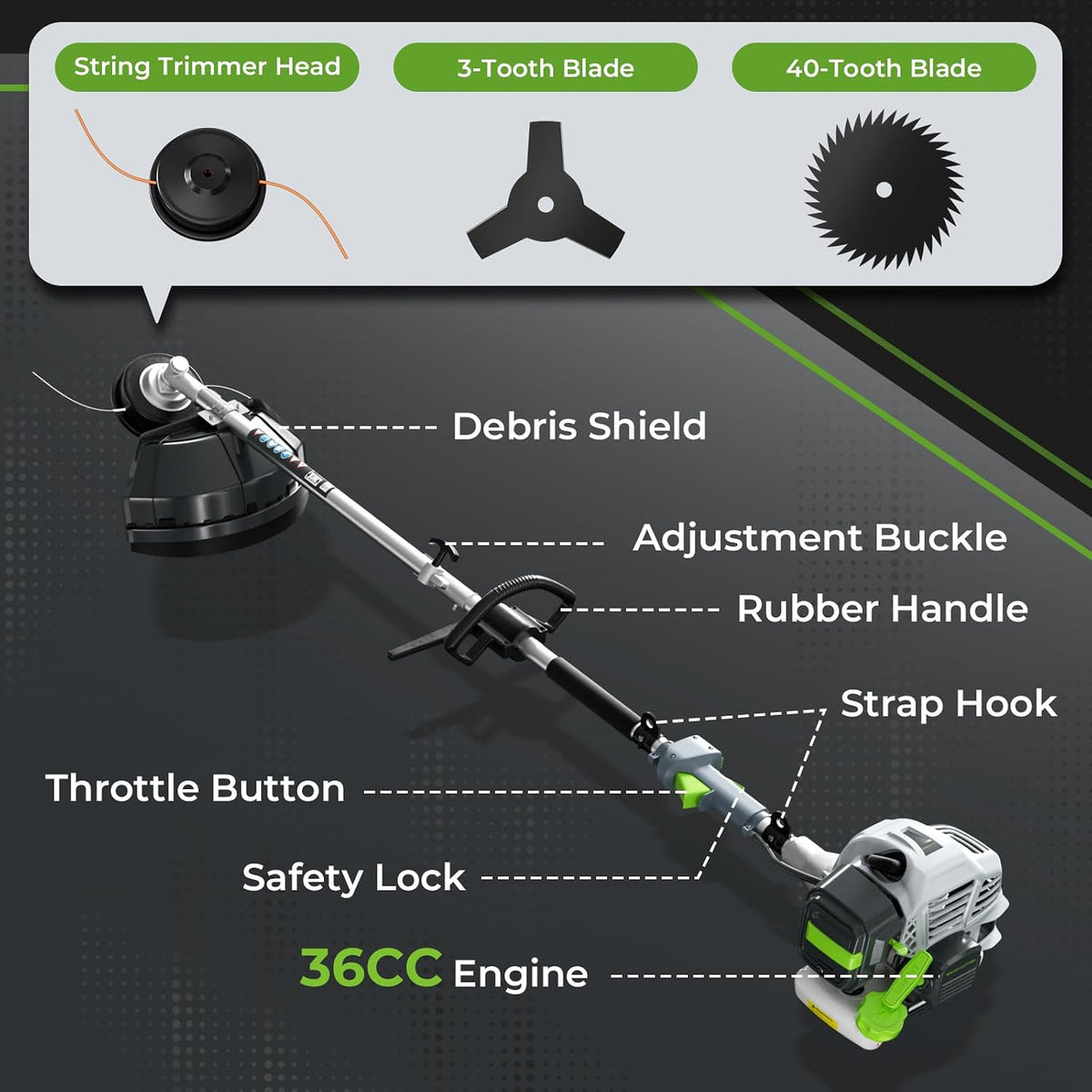36CC Gas Powered Weed Wacker 3-in-1, 2-Stroke Gas Powered Weed Eater String Trimmer, Brush Cutter 3/40-Tooth Blade