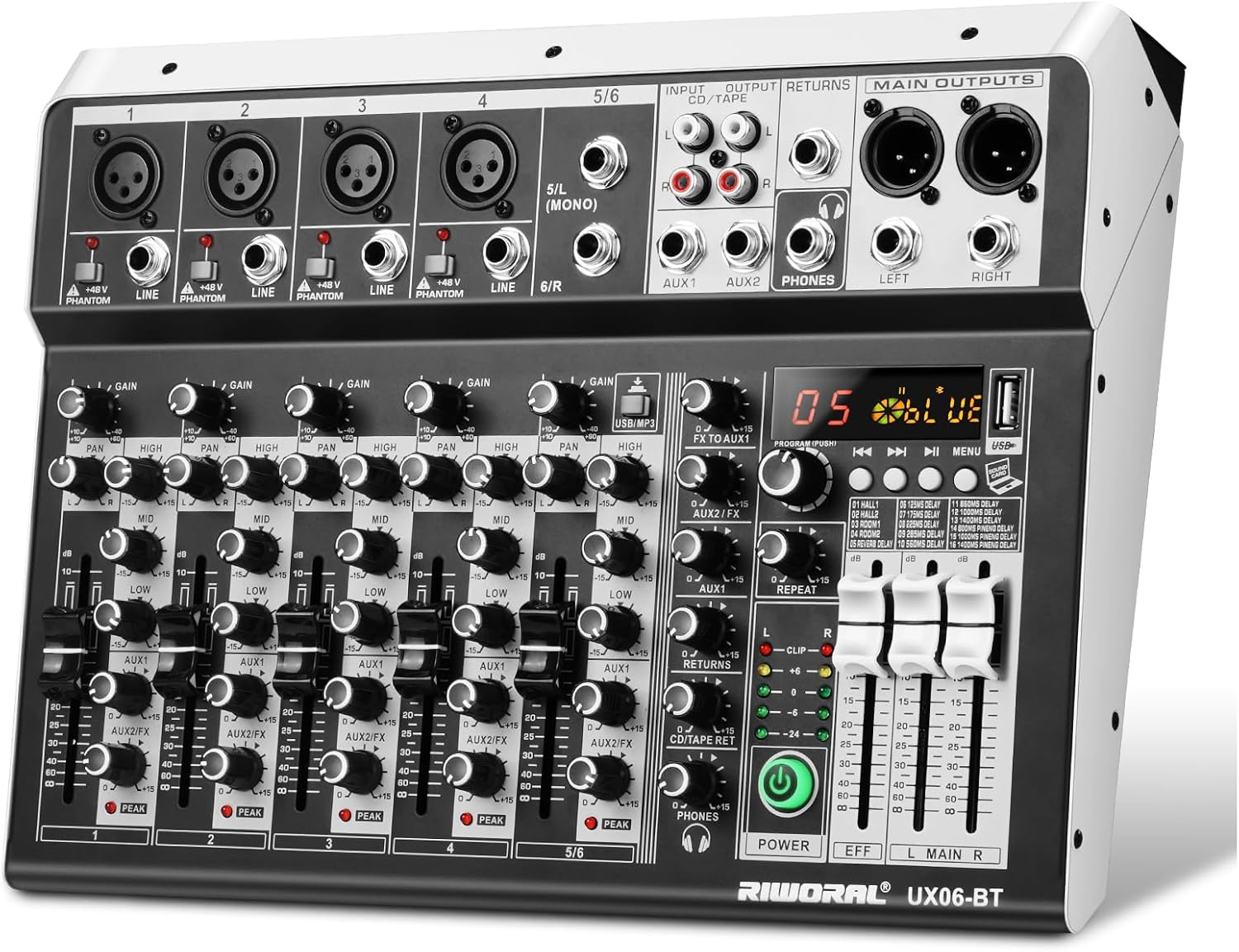 6 Channel Audio Interface Sound Board Mixing Console 16-Bit DSP DJ Mixer Audio Reverb Effect +48V Phantom Bluetooth