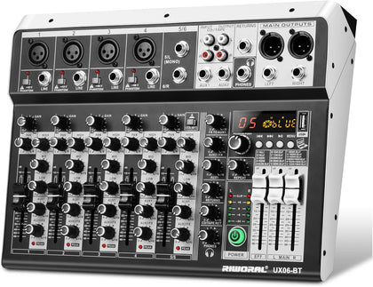 6 Channel Audio Interface Sound Board Mixing Console 16-Bit DSP DJ Mixer Audio Reverb Effect +48V Phantom Bluetooth