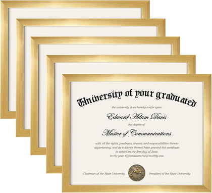 Certificate Frame, 8.5 by 11 Glass Diploma Frames, 5 Pack, Gold | Displays 8.5x11 Document and Degree, Graduation