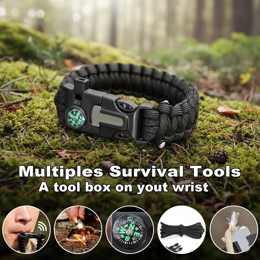 Survival Paracord Bracelet with Fire Starter Compass Whistle - Adjustable Emergency Wristband for Camping Hiking Outdoor