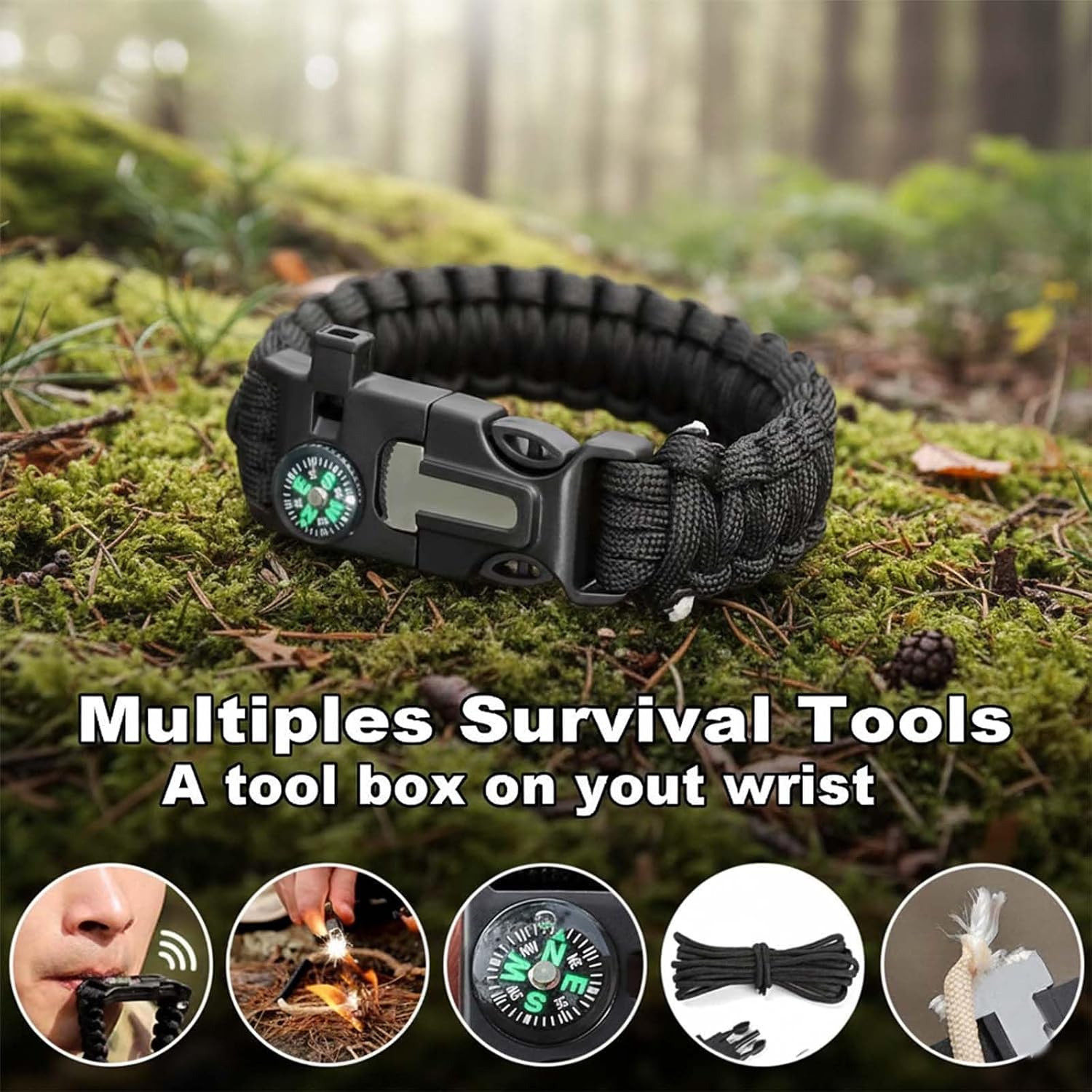 Survival Paracord Bracelet with Fire Starter Compass Whistle - Adjustable Emergency Wristband for Camping Hiking Outdoor