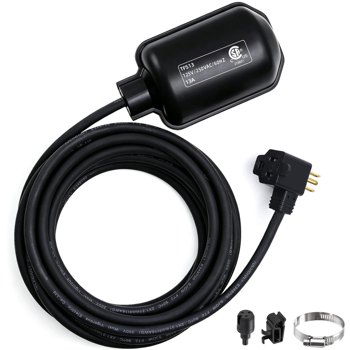 Universal Sump Pump Float Switch with Piggyback Plug and 20ft Cord,13A/125V