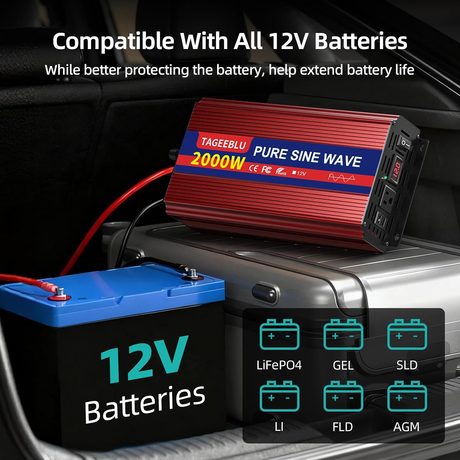 2000W Pure Sine Wave Power Inverter, 12V DC to 110V-120V AC | Inverter for Car with 2 AC Outlets and LCD Display