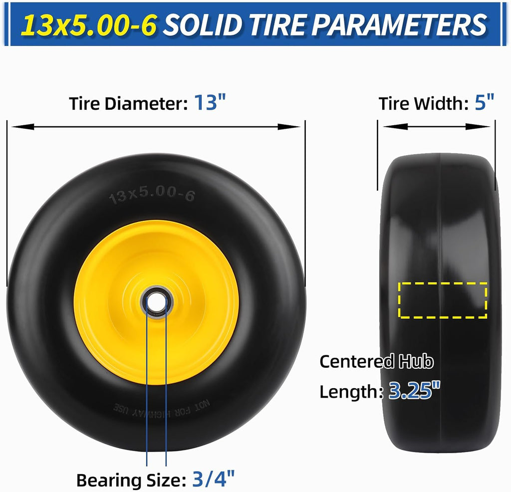 13x5.00-6 Flat Free Lawn Mower Tire and Wheel with Bearing Bore 3/4" or 5/8", 13x5-6 Smooth Tread Tire, 3.25"-5.9"