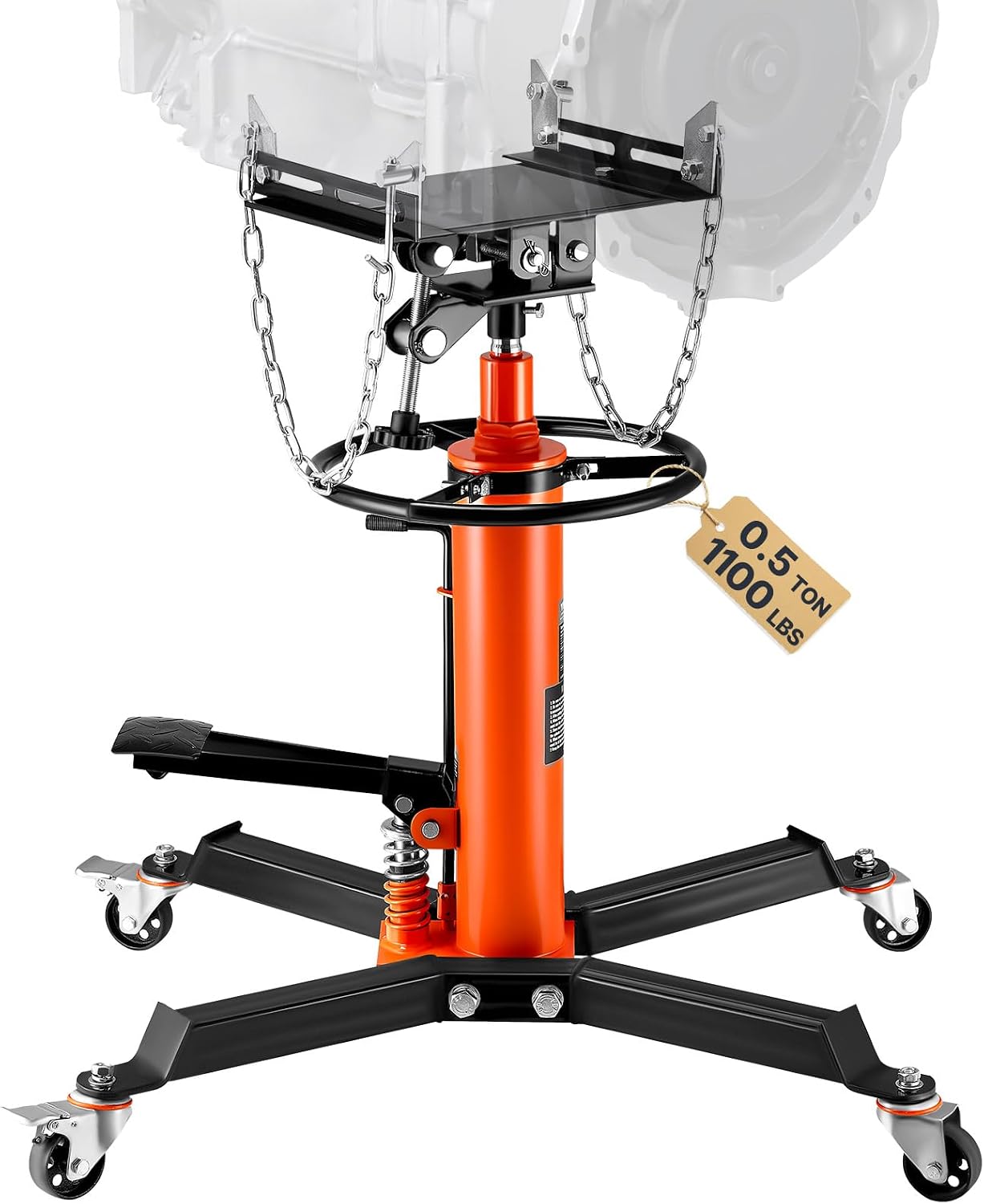 Transmission Jack,1/2Ton/1100lbs Capacity Hydraulic Telescopic Transmission Jack, 2-Stage with Foot Pedal, 360°