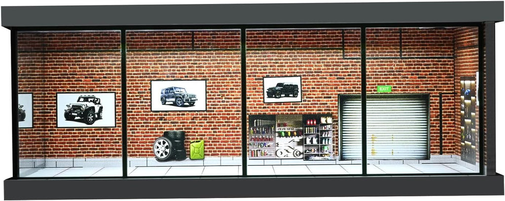 1/64 Diorama Garage Model LED Lighting Showroom Parking Lot Display Case | 5 Parking Space, Acrylic Dust Door, Red