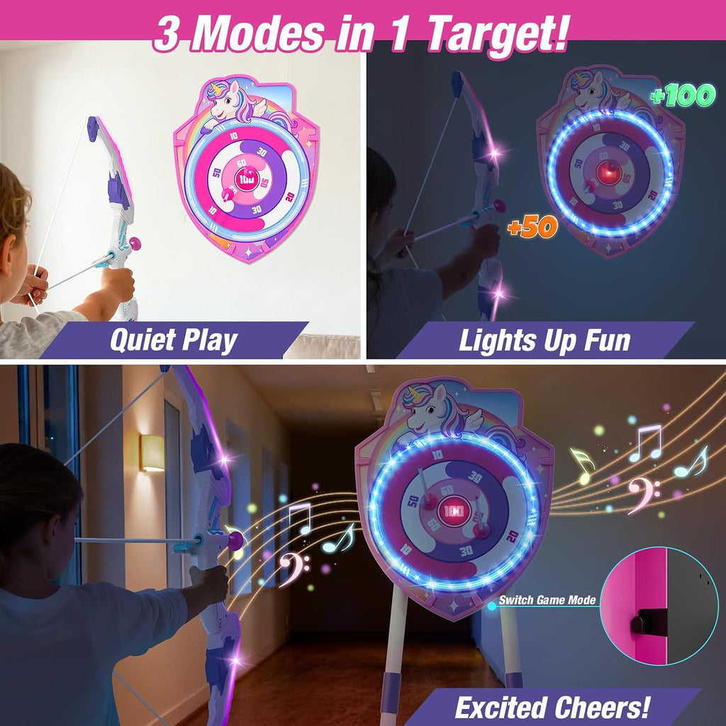 Bow and Arrow for Kids, LED Light Up Archery Set with Unicorn Target | with 12 Suction Cup Arrows, 1 Standing Glow