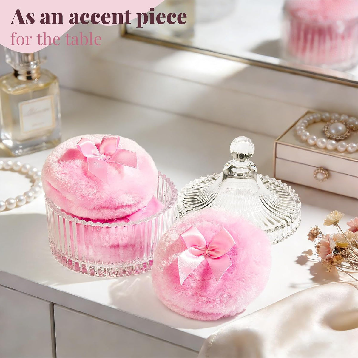 4pcs Powder Puff Soft Powder Puff and Container, Dusting Powder Container with Puff, Glass Crystal Case for Soft