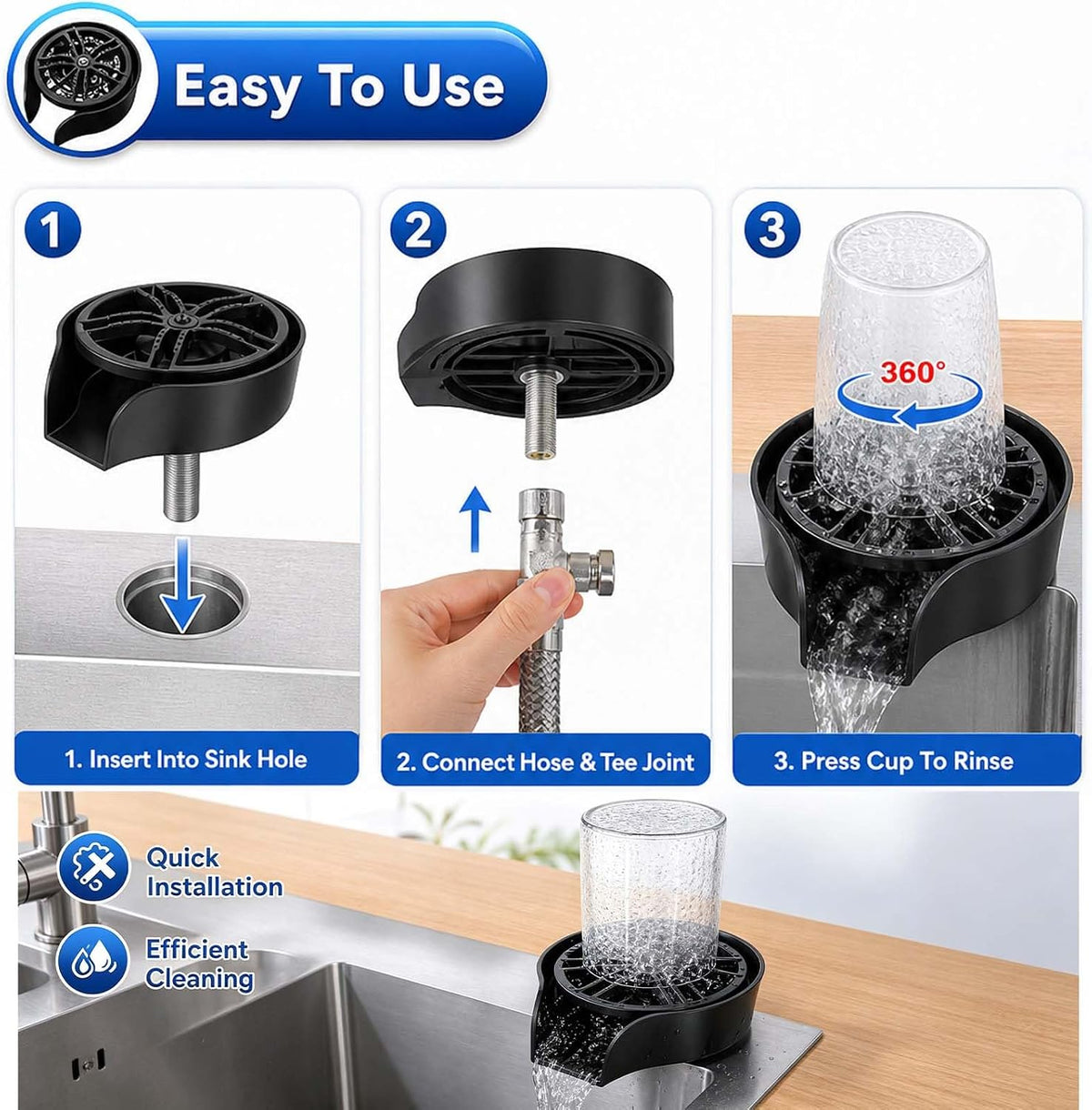 Glass Rinser Sink 360 Rotating Cup Bottle Washer (Black)