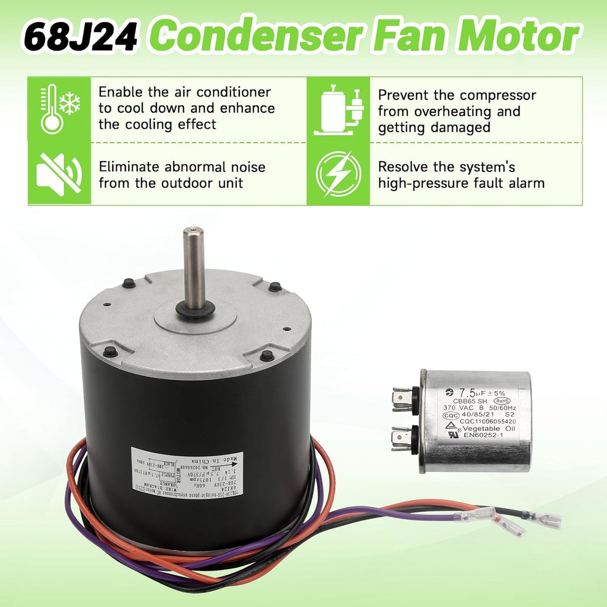 68J24 Condenser Fan Motor 1/3 HP 1075 RPM 208-230V 1Ph 60HZ 2.1A HVAC AC Motor Replacement for Lennox, Compatible with 68J2401 97M62 69W96 100483-29 100483-01 K55HXGCE-8094