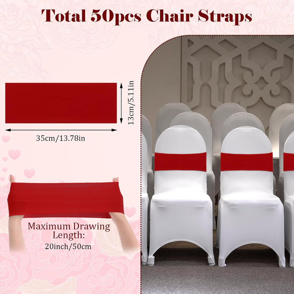 50 Pcs Red Chair Sashes, Bows Chair Bands, Elastic Chair Cover Bands Ties Universal Slider Sashes for Chair Without