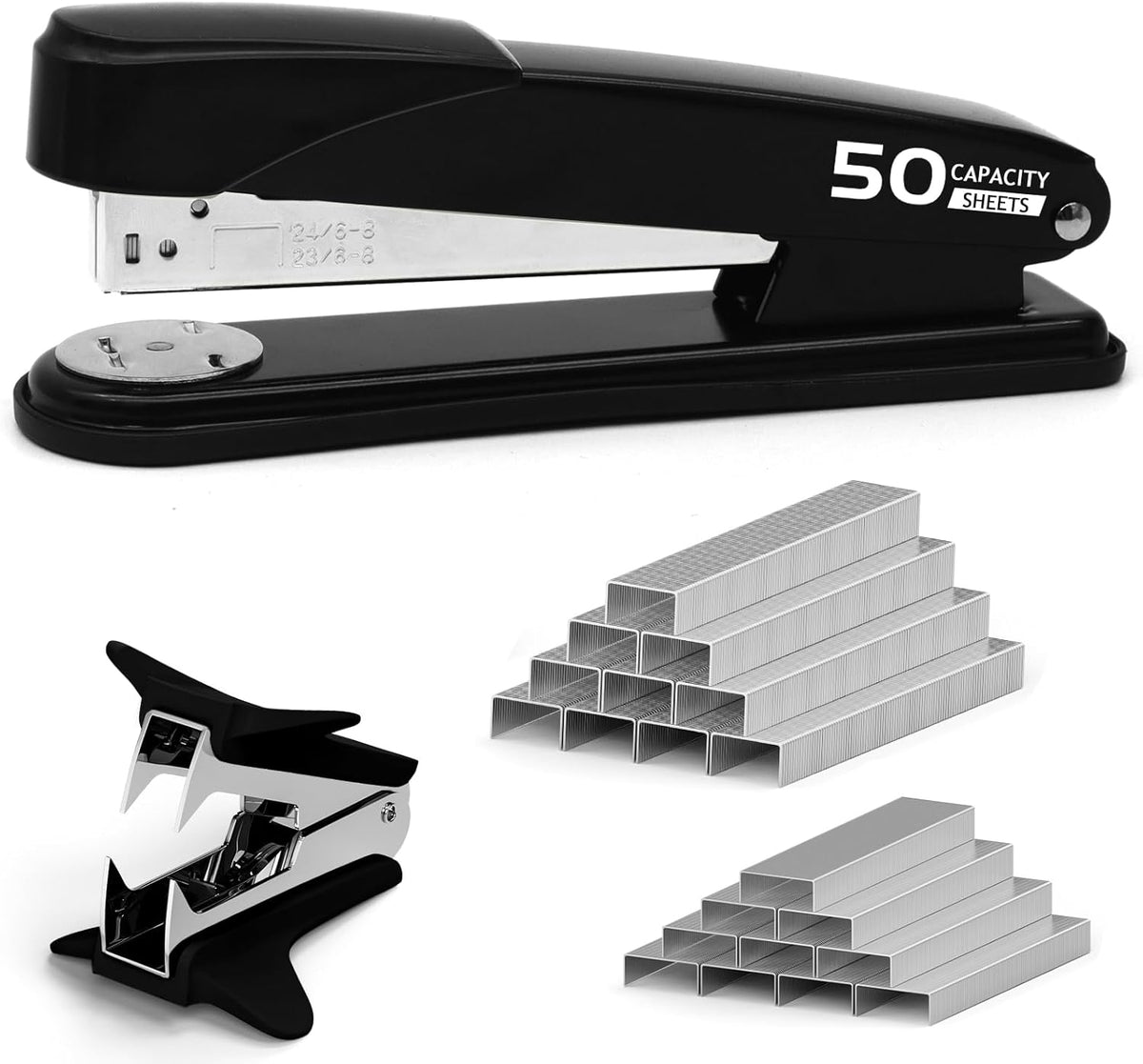 Heavy Duty Stapler, Black Stapler with Staples and Staple Remover for Desk