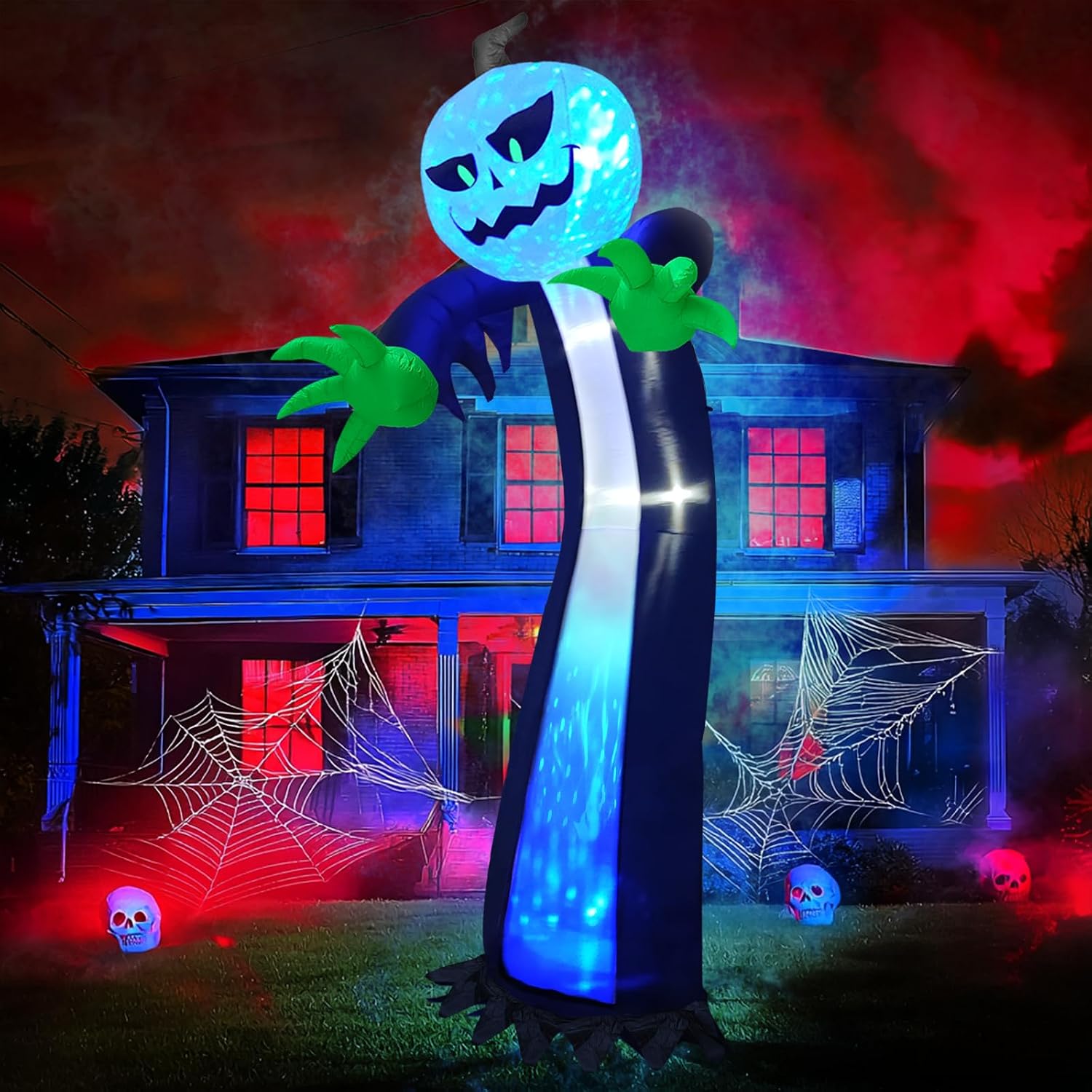 14 Ft Halloween Inflatable Pumpkin Ghost Decoration with Rotating LED Light | Waterproof Polyester, 3D Rotating