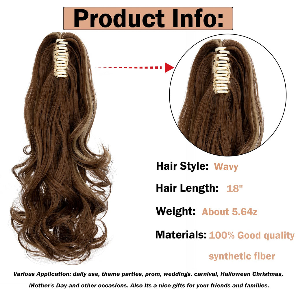 18" Wavy Ponytail Extension, Ash Blonde Mix Light Brown | Claw Clip, Long Pony Tails for Women, Wave Hairpiece