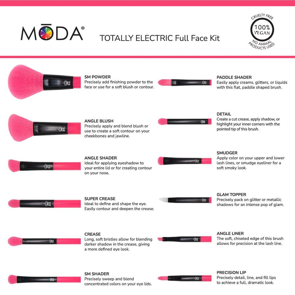 Neon Pink Makeup Brush Set, 12pc Vegan Face and Eye Brush Kit