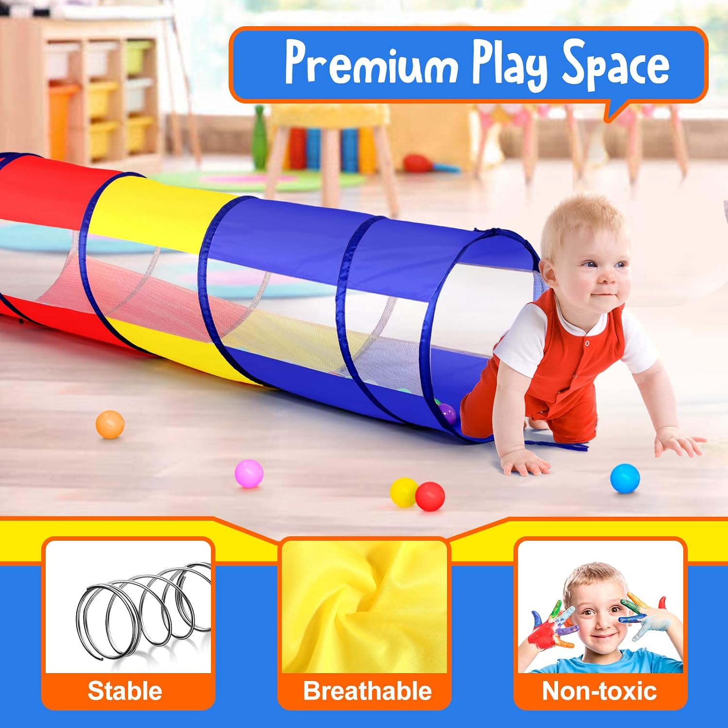 Kids Play Tunnel for Toddlers, Pop Up Crawl Through Tunnel Play Tent for Baby Infant Children or Dog with 2 Mesh