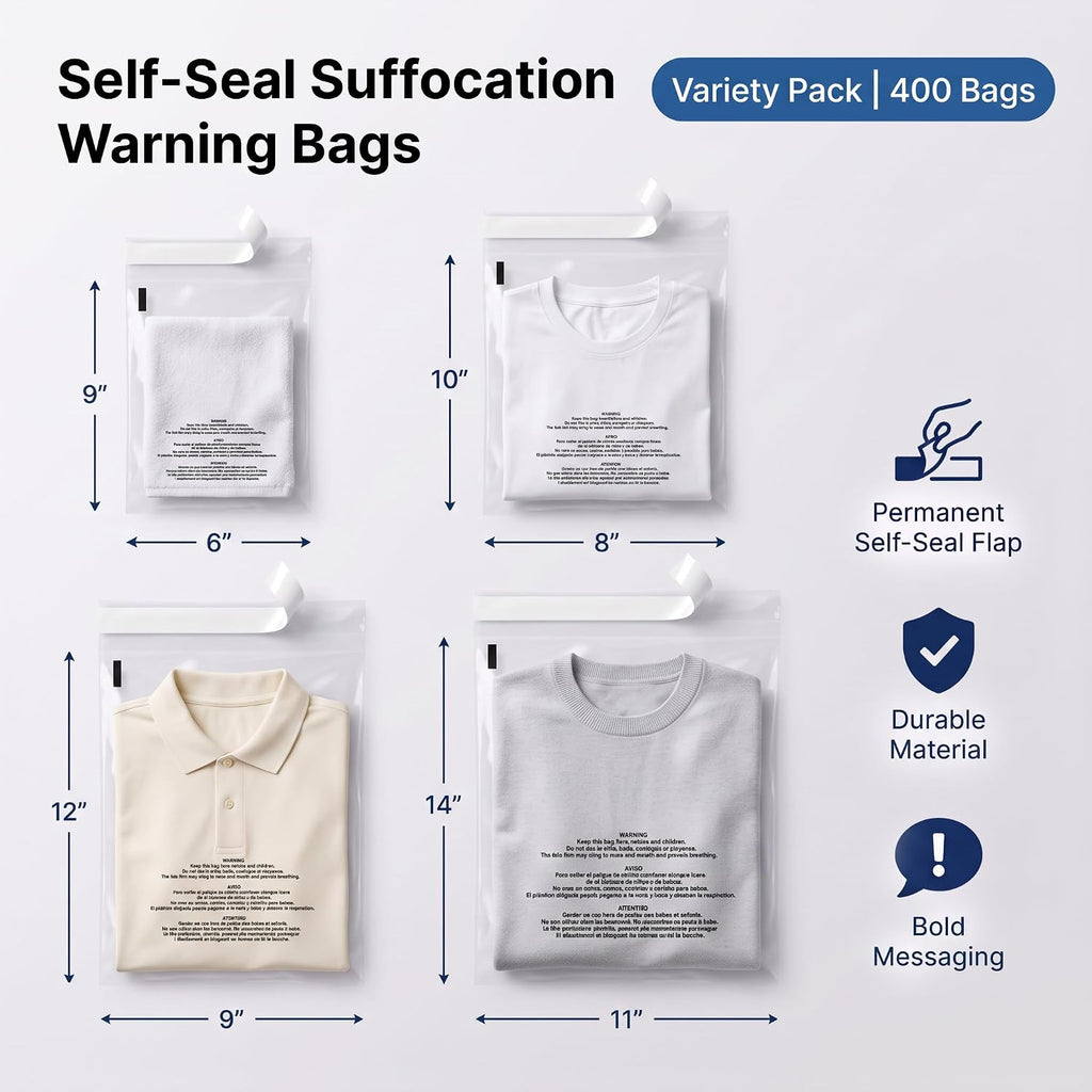 Poly Bag Bundle Combo Pack of 400-6X9, 8X10, 9X12, 11X14 Self Seal