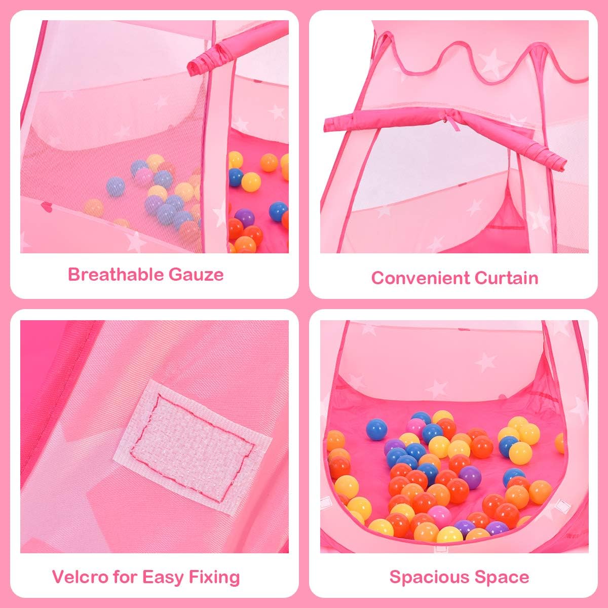Princess Pop Up Tent w/ 100 Balls Included, Foldable Portable Children Play Tent with Carrying Bag, Indoor Outdoor