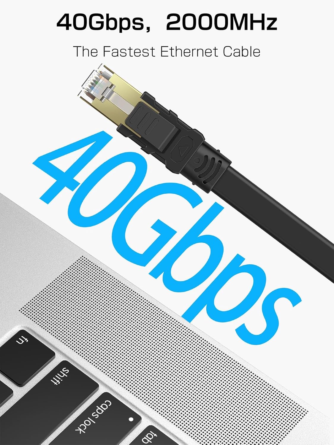 Cat 8 Ethernet Cable 50FT, 40Gbps Flat RJ45 LAN Network Cable | Flat shielded Cat 8 cable supports 40Gbps/2000MHz for
