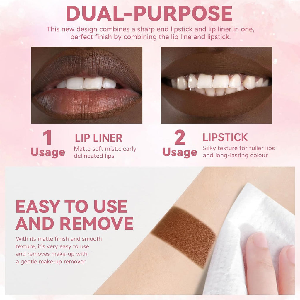 Gradient Lip Liner and Gloss Lip Combo Set, Long Lasting Light Brown Matte Lipstick Crayon Lip Liner Pencil