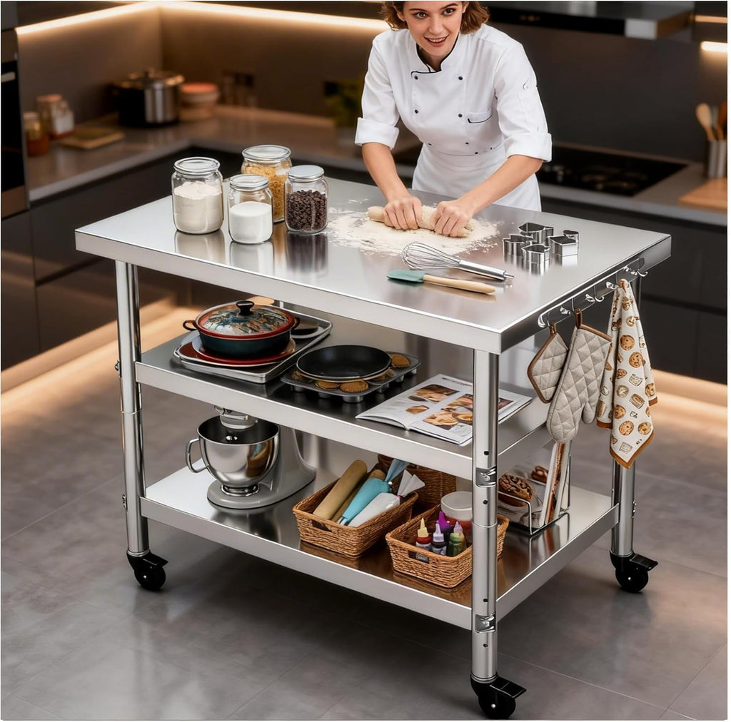 Stainless Steel Prep and Work Table,Kitchen,has Both Fixed Legs and Wheels