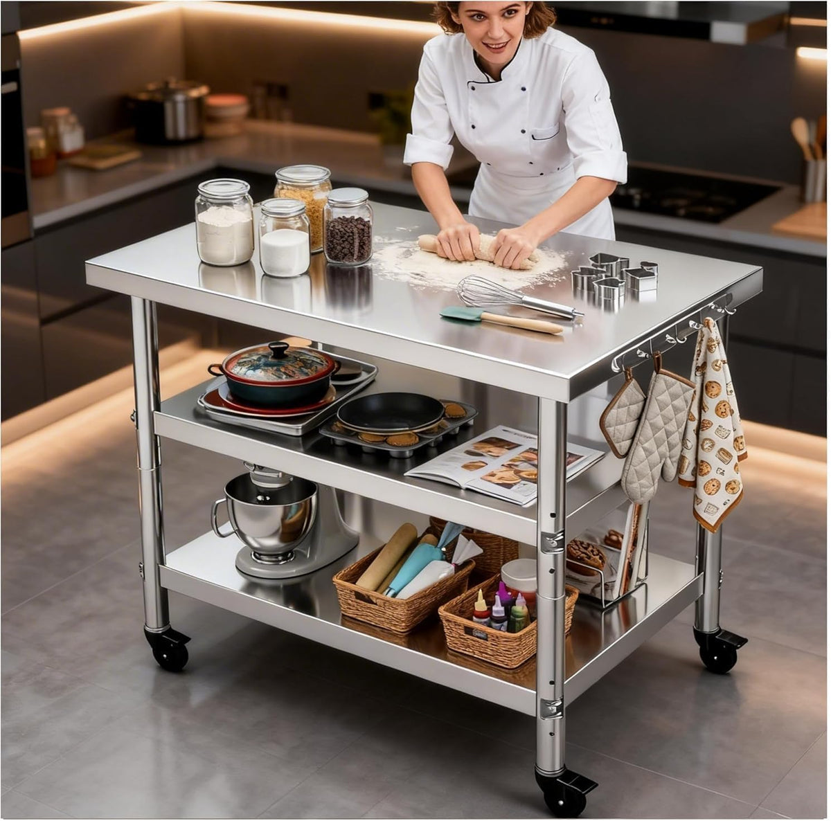 Stainless Steel Prep and Work Table,Kitchen,has Both Fixed Legs and Wheels