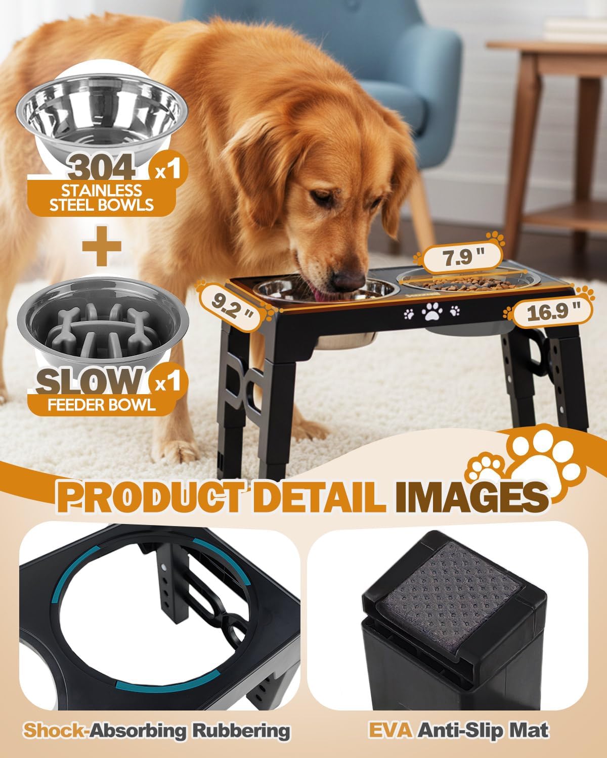 Elevated Dog Bowls for Medium Large Size Dogs, Non-Slip Dog Feeder with 1*Stainless Steel Dishes & 1*Slow Feeder