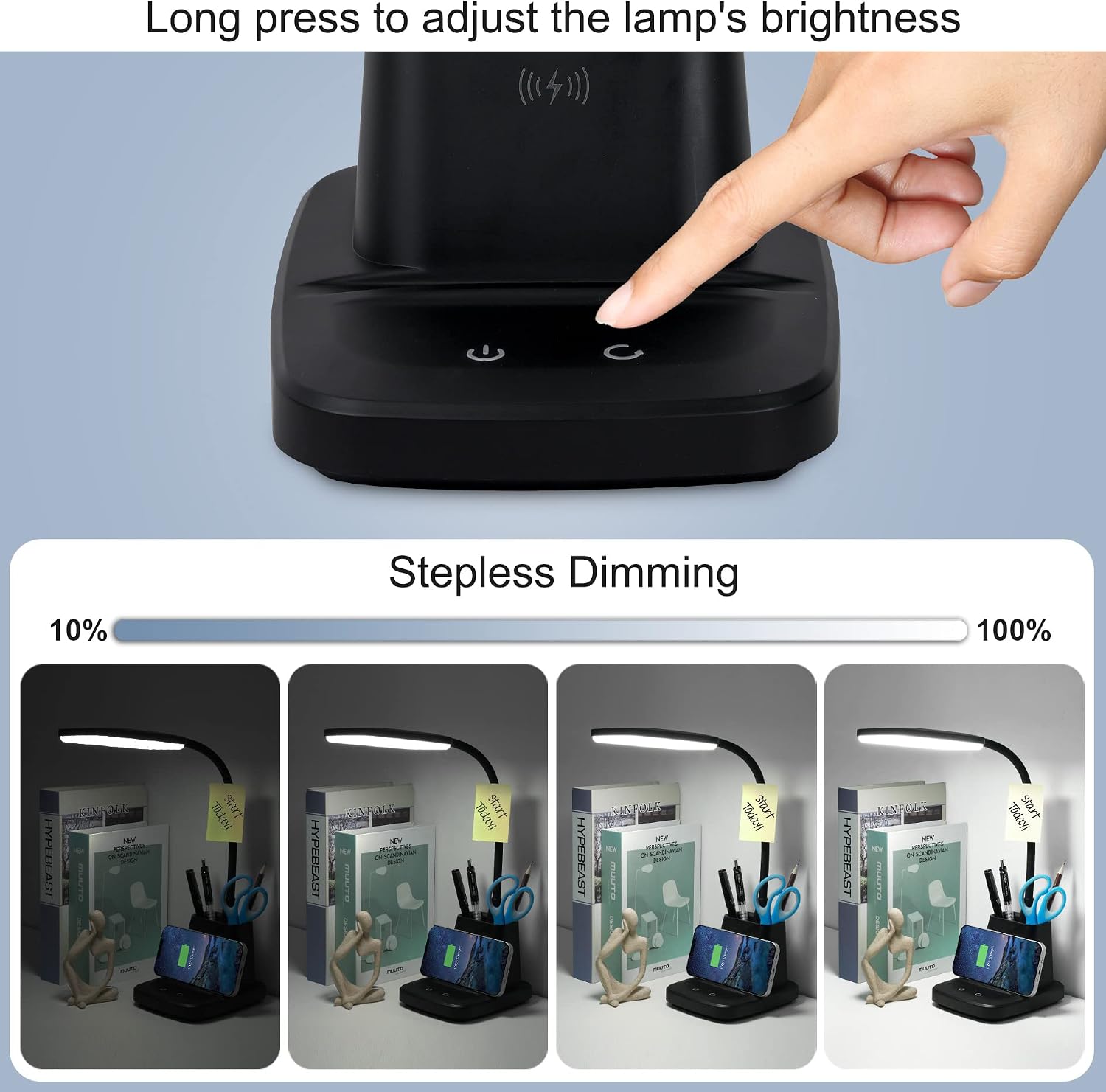 LED Desk Lamp with 10W Wireless Charging & Pen Holder, Black | CRI 95, 800LM, Stepless Dimming, 3 Modes, 360°Flexible