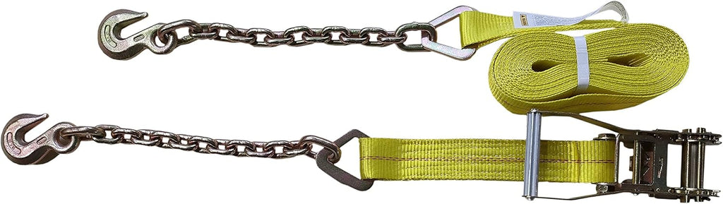 11-181 2in. x 27ft. Heavy Duty 10,000 LBS Capacity Ratchet Tie Down with Hook and Chain, Yellow