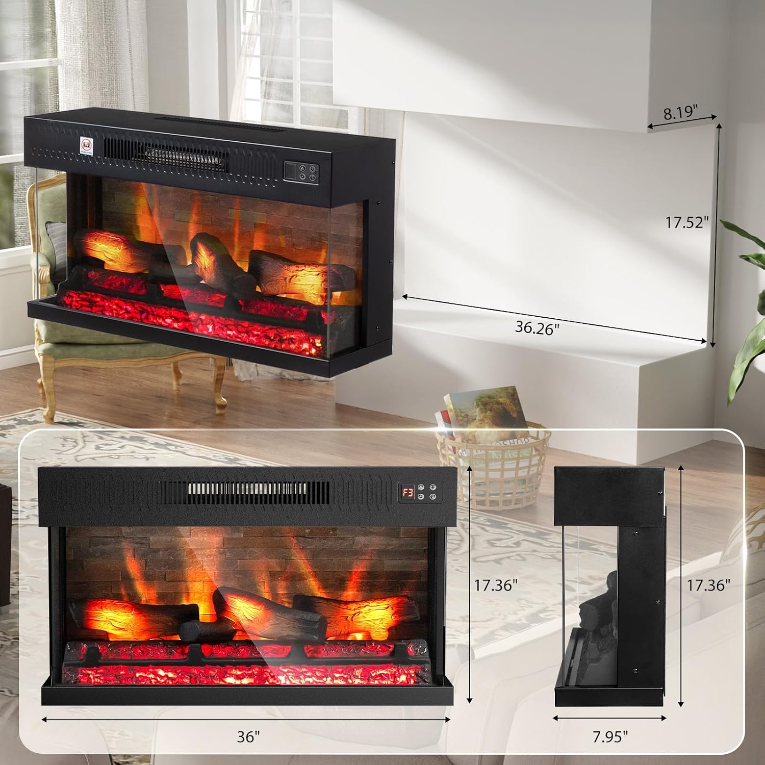 36 Inch 3-Sided Glass Electric Fireplace Insert, Electric Fireplace Heater with Remote Control, Wall Mounted and
