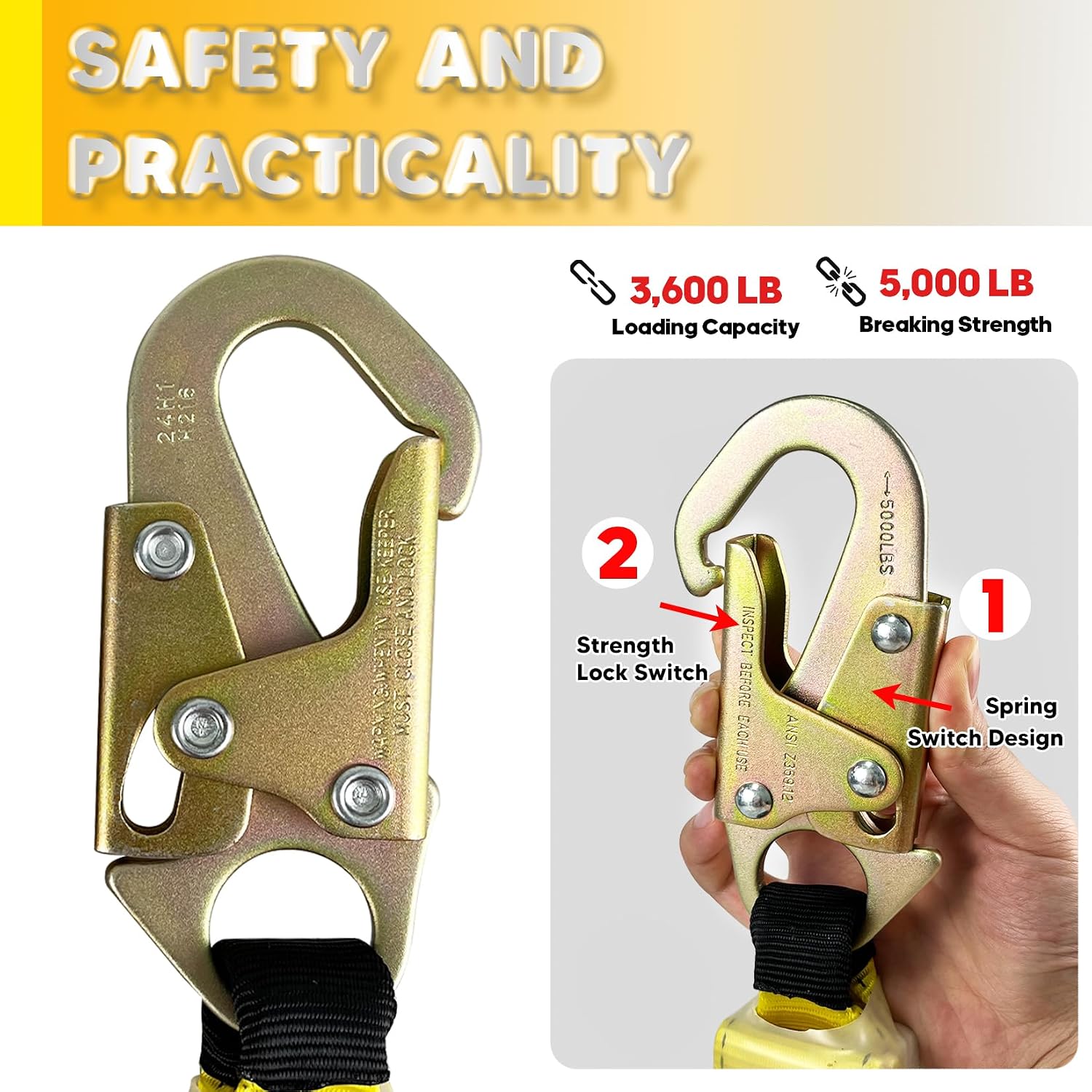 Fall Protection Safety Rope 50FT Heavy Duty Vertical Roofing Ropes with Alloy Steel Grab Snap Hooks Shock Absorber