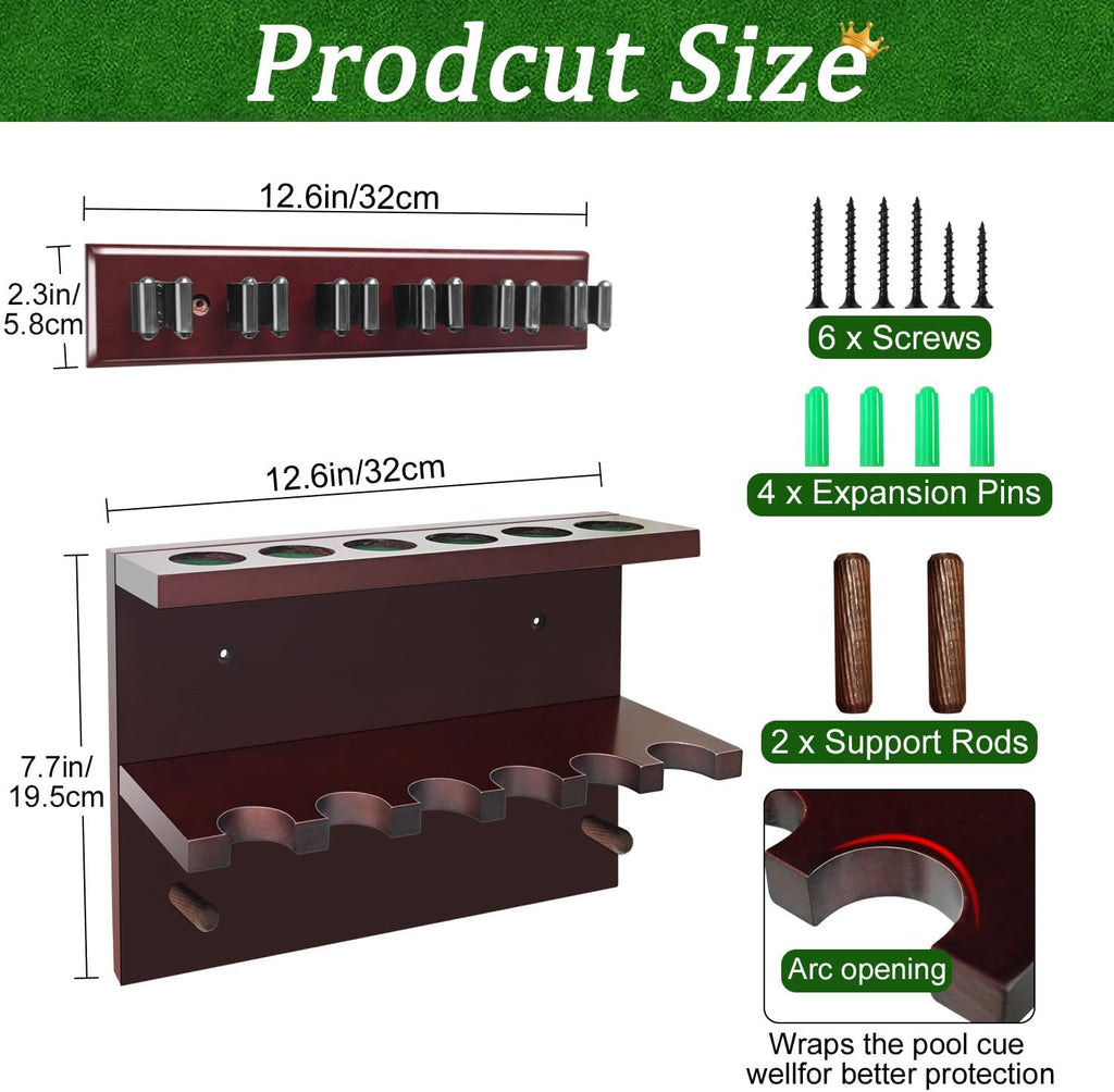 Hardwood Billiards Pool Cue Rack - Wall Mount Holder for 6 Cues, Sticks Storage and Table Accessories Organizer