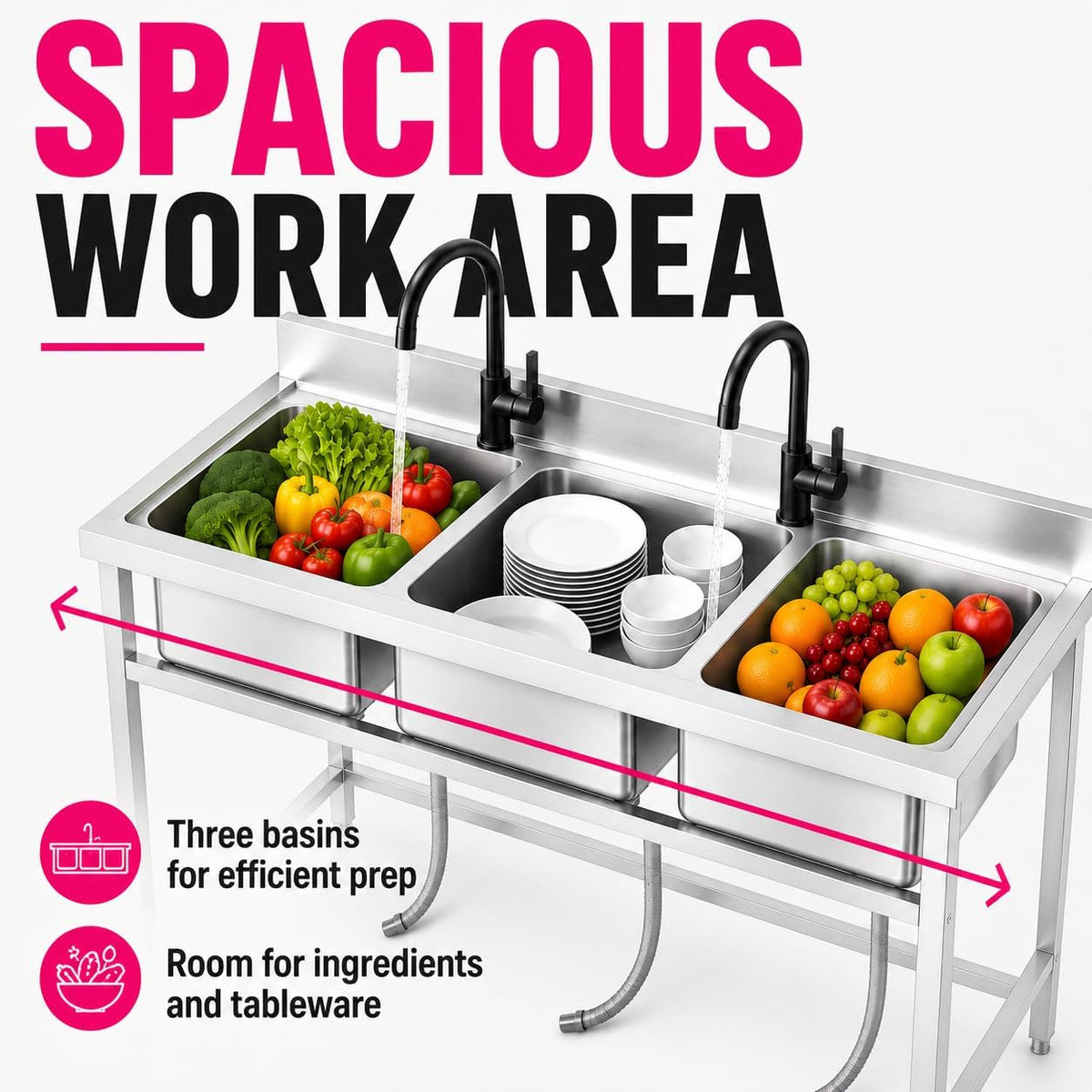 Small 3 Compartment Sink, 304 Stainless Steel Commercial Sink