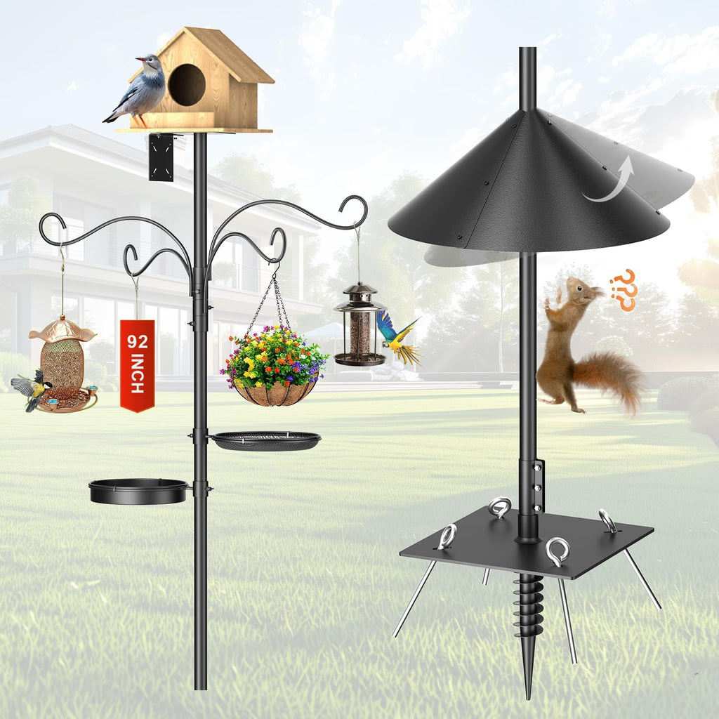 Upgraded Heavy Duty Bird Feeder Pole, 92 Inch Squirrel Proof Adjustable Bird Feeding Station,1 Inch Dia Bird House