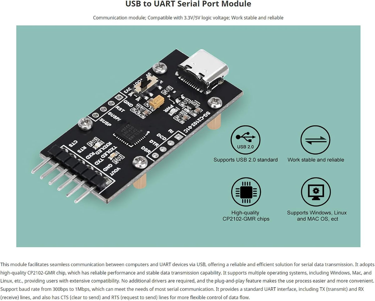 CP2102 USB to UART Serial Converter Module, Type-C Interface, 3.3V/5V Switchable, with CTS/RTS Flow Control, Compatible with Windows, Linux, Mac OS, for Arduino, Raspberry Pi
