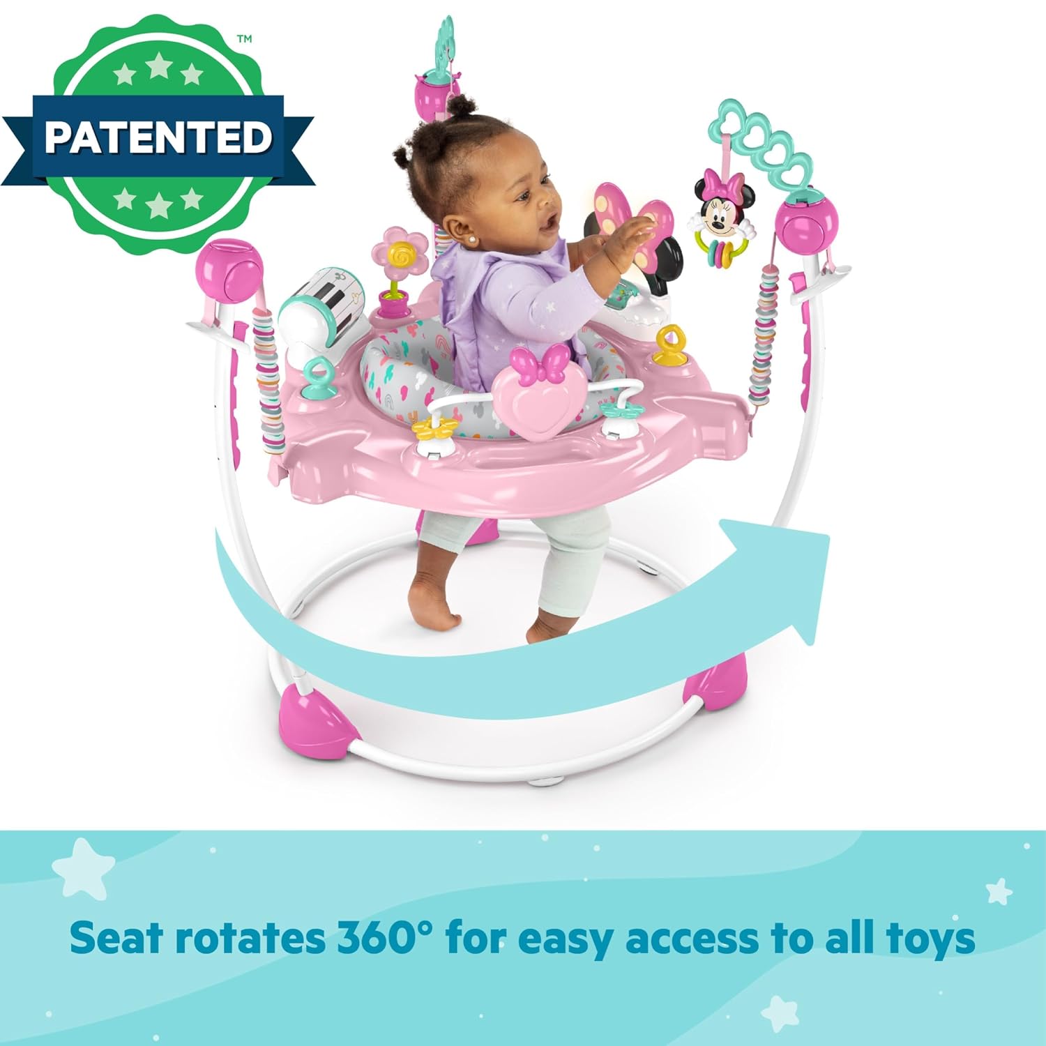 Disney Baby Minnie Mouse Forever Besties Baby Activity Center Jumper with 10 Toys, Lights & Sounds, 360-Degree Seat