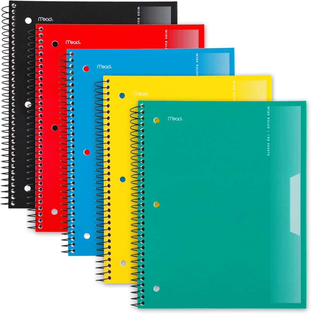 Spiral Notebooks, 1 Subject, Wide Ruled Paper, 8" x 10-1/2", 100 Sheets, Assorted Colors, 5 Pack (930093)