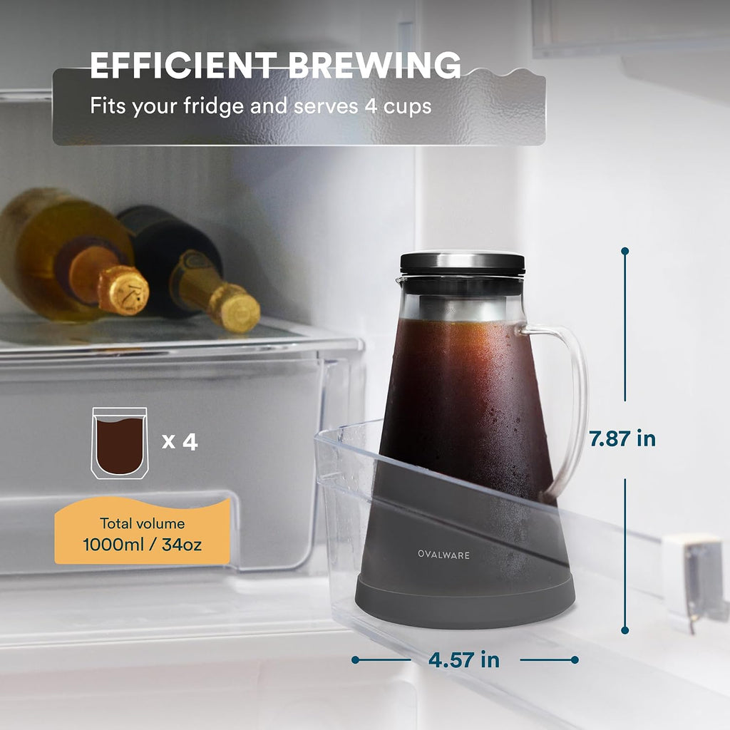 Airtight Cold Brew Iced Coffee Maker Pitcher and Tea Infuser with Spout - 1.0L / 34oz Ovalware RJ3 Brewing Glass